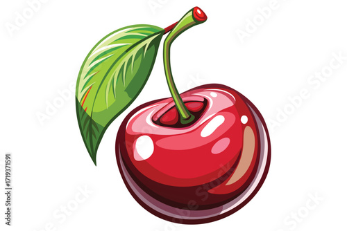 Single vibrant cherry showcases deep red hues with a verdant leaf attached