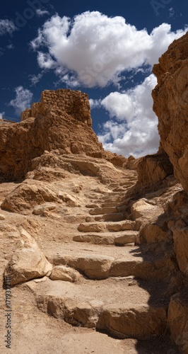 Ancient stone steps wind upward through a sun-drenched, rocky landscape, leading to a weathered stone tower against a vibrant blue sky dotted with fluffy white clouds.