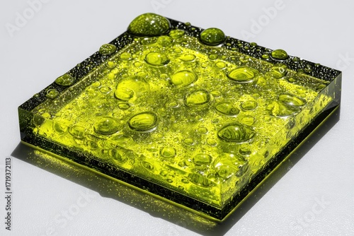 A vibrant lime-green glass tile, highlighted by textured water droplets, showcasing a captivating surface design.