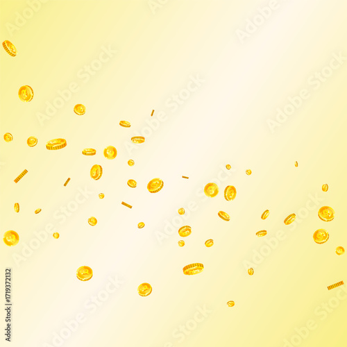 British pound coins falling. Scattered gold GBP