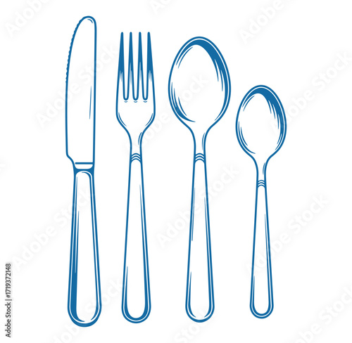 Blue outline vector illustration of knife fork spoon and teaspoon for dining concepts