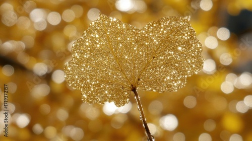 Close up of a golden leaf with bokeh background. Concept of nature and beauty.