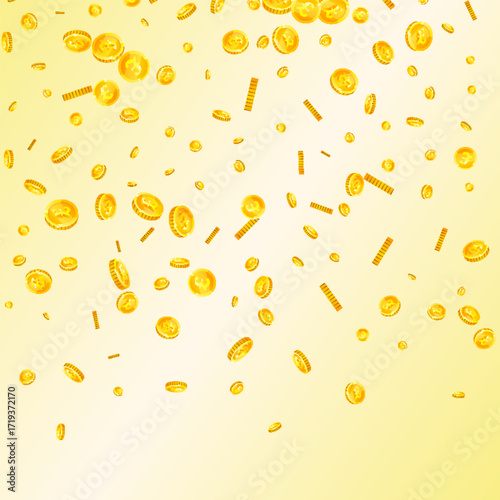 British pound coins falling. Scattered gold GBP