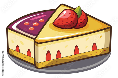 Two slices of cartoon cheesecake with strawberry and jelly toppings sit on a plate
