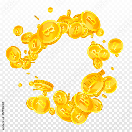 Thai baht coins falling. Gold scattered THB