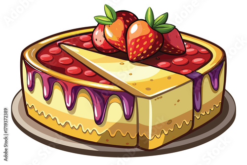 Fresh strawberries adorn a sliced cheesecake with dripping glaze and red berries on the top
