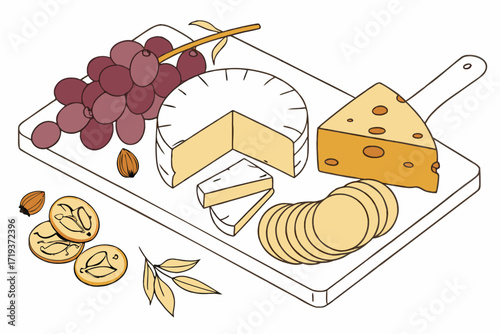 Cheese platter featuring grapes, brie, swiss, almonds, and wafer crisps on wooden serving board