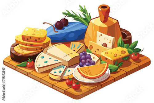 Various artisanal cheeses, grapes, and tomatoes sit appetizingly arranged on a wooden cutting board