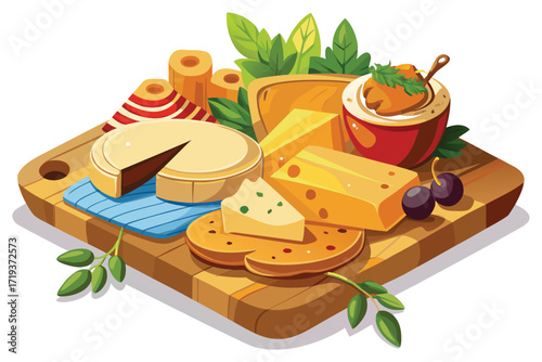 Various cheeses crackers olives and marmalade are artfully displayed upon a wooden board