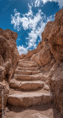 A pathway of weathered stone steps ascends through a rocky canyon, bathed in the bright sunlight of a clear day.