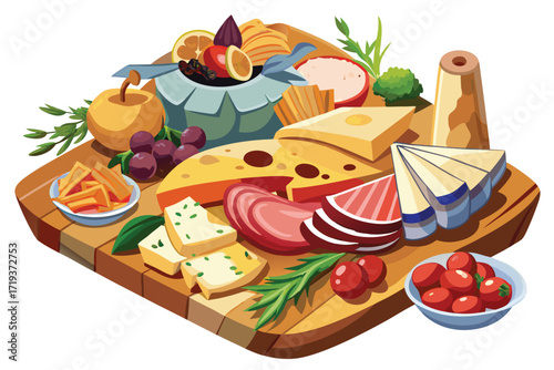 Appetizing charcuterie board presents an array of delicious cheese, cured meat, fresh fruits, and snack crackers