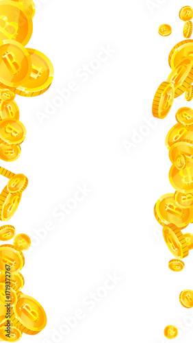 Bitcoin coins falling. Cryptocurrency scattered