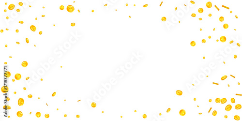 Japanese yen coins falling. Scattered gold JPY