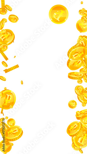 Russian ruble coins falling. Scattered gold RUB