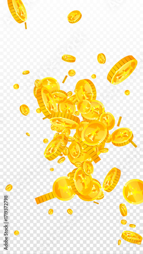 Japanese yen coins falling. Scattered gold JPY