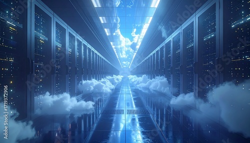 Luminous cloud data center with infinite server racks and ethereal reflections, symbolizing advanced digital infrastructure, secure networks, and future technology