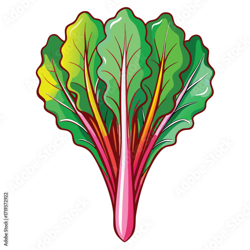 Stylized chard plant shows vibrant green leaves and contrasting red stalks against a bright backdrop