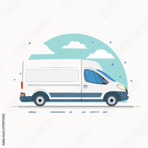 White delivery van vector illustration for cargo and logistics services. Commercial vehicle shown in side view for business transportation concepts