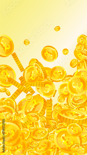 British pound coins falling. Scattered gold GBP