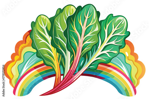 Leafy Swiss chard bunches vividly intersect with rainbow bands on the white background, creating vibrant contrast