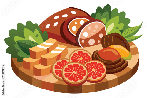 Assorted meats and citrus fruits arranged artfully on a wooden charcuterie serving board