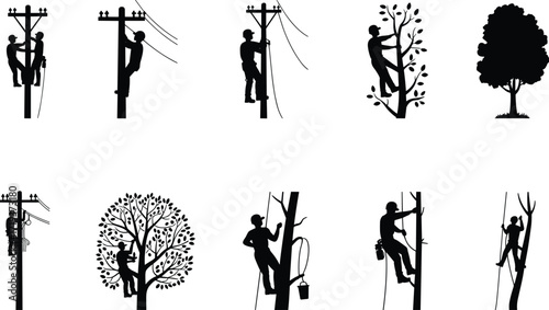 Art & IllustrationElectrician and arborist silhouettes climbing utility poles and trees, maintenance work, outdoor labor, safety gear, vector illustration
