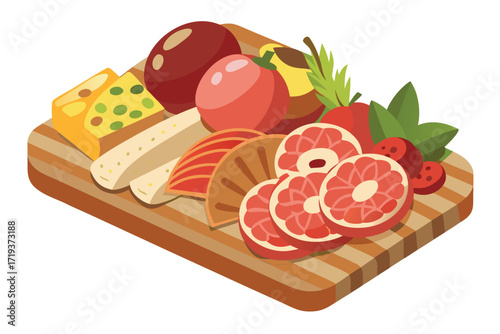 Cheese slices, bread rounds, and cut grapefruit are arranged on a wooden serving block