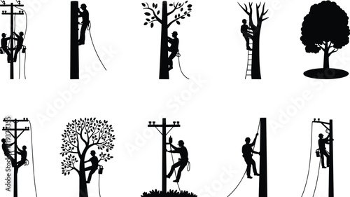 Art & IllustrationElectrician and arborist silhouettes climbing utility poles and trees, maintenance work, outdoor labor, safety gear, vector illustration