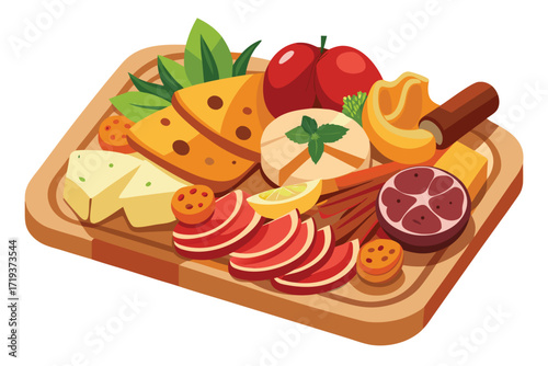 Isometric charcuterie board features cheese, salami, fruits, lemon slice, vegetables and chocolate on light background