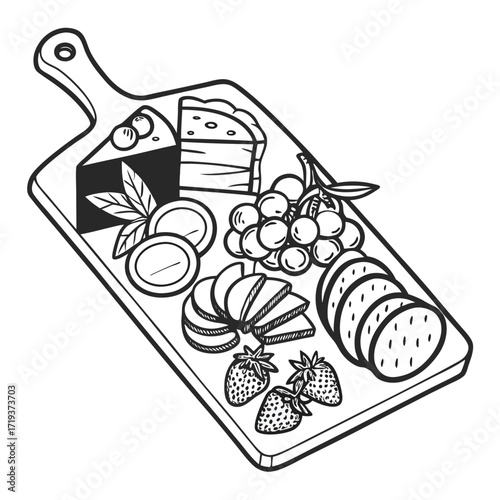 Sketch of delicious food on cutting board features strawberries grapes sausage and cheesecake slices