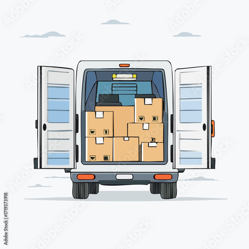 Moving van with open rear doors filled with cardboard boxes, perfect for logistics and delivery services