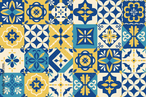 Mediterranean style pattern. Geometric tiles background. Abstract floral arabesque. Italian, Portuguese, Spanish blue and yellow ornament. Wall and floor interior design. Mosaic. Amalfi core. Vector.