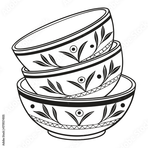 Three intricately designed bowls are stacked, showcasing artistic black and white line details