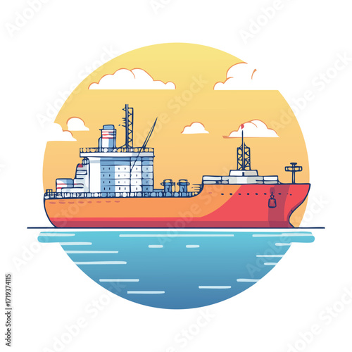 Modern vector illustration of a cargo ship sailing on the open sea under a bright sky. Symbolizing global transport, maritime logistics, and the shipping industry