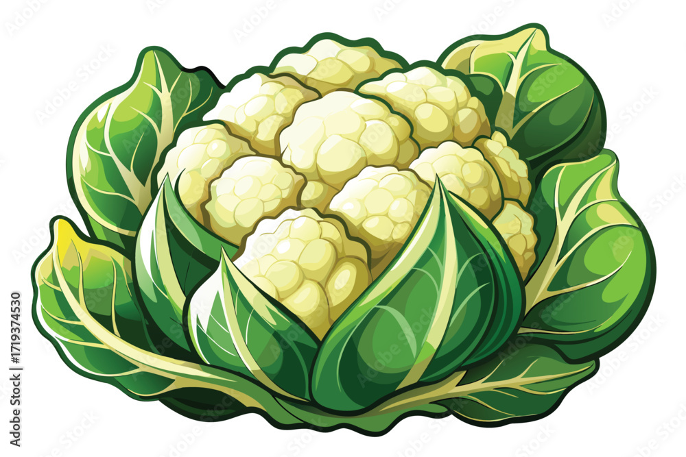 Fototapeta premium Fresh cauliflower vegetable, surrounded by its vibrant green leaves, looks delicious and appealing