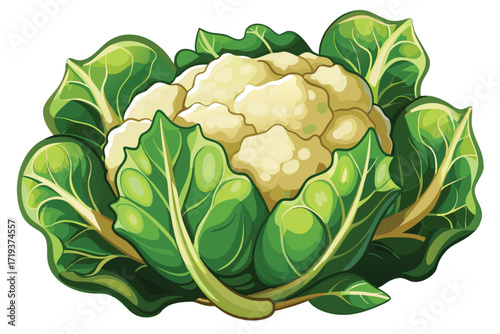 Detailed illustration shows a cauliflower with bright green leaves surrounding the creamy white head