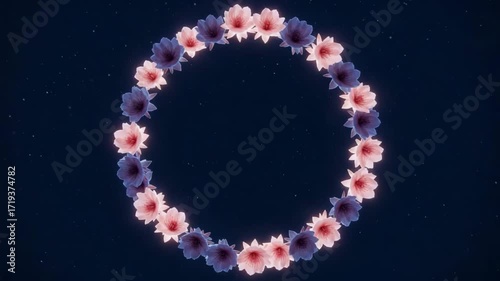 Circular arrangement of pink flowers on dark background