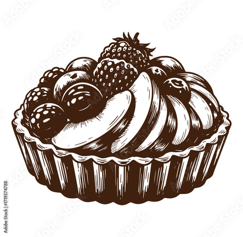 Delicious hand drawn fruit tart dessert illustration featuring mixed berries and sliced peaches