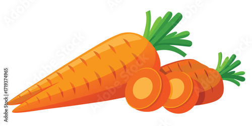 Ripe whole carrots and sliced carrots show vibrant orange color on a white background