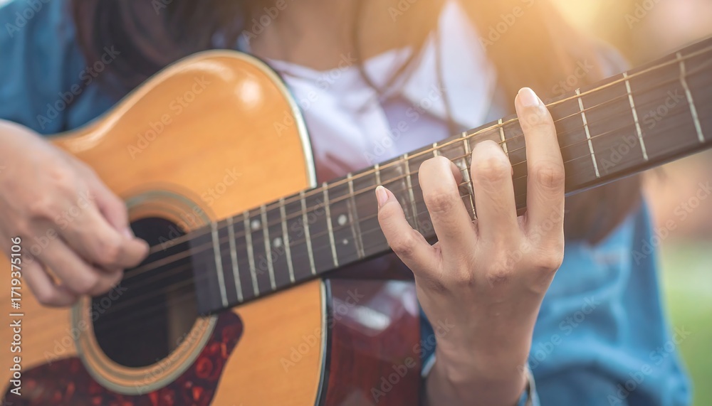 Fototapeta premium Close-up of a person playing an acoustic guitar. The focus is on the hands and the instrument's body. Sunlight creates a warm atmosphere