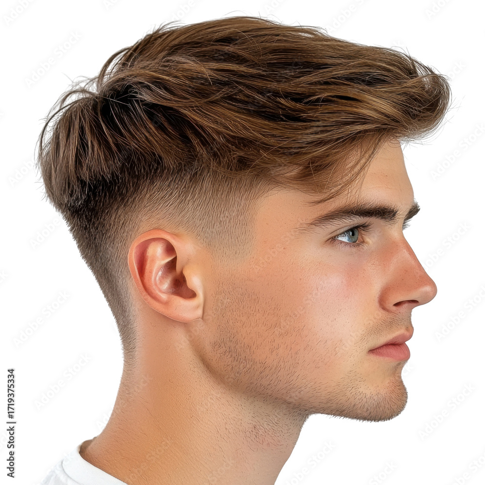Obraz premium Young Man with Stylish Haircut Posing in Profile, Casual Attire and Neutral Background for Fashion and Grooming Themes transparent background