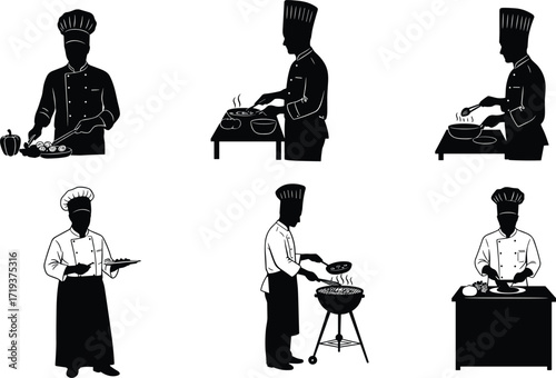 Silhouette vector illustration of chefs cooking, grilling, preparing meals, chopping vegetables, serving food, professional kitchen staff, culinary work and restaurant service.