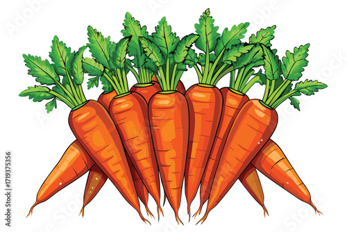 Pile of vibrant orange carrots with lush green tops creates a visually appealing composition