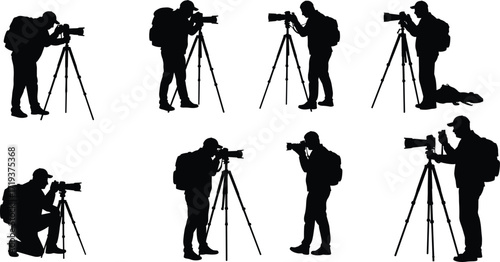 Silhouette vector illustration of photographers with cameras on tripods, adjusting settings, shooting pictures, capturing moments, outdoor photography, professional photo session.