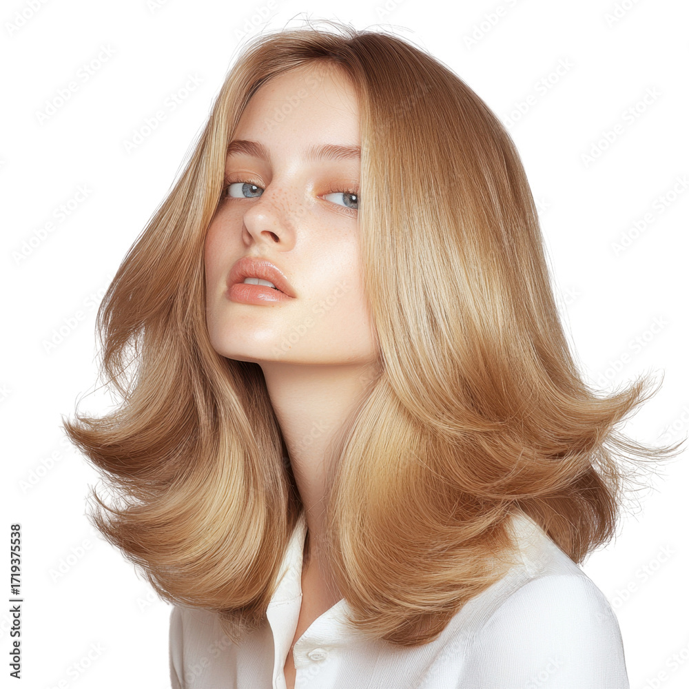 Naklejka premium Beautiful Young Woman with Long Flowing Blonde Hair and Radiant Skin Posing Elegantly in a Bright Studio Environment transparent background