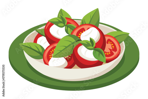 Delicious caprese with sliced tomatoes, fresh mozzarella, and bright green basil leaves sitting in a decorative dish