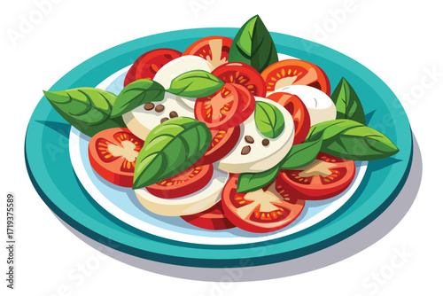 Tasty sliced tomatoes and mozzarella with basil leaves are presented on a blue plate