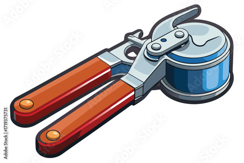 Cartoon illustration of a can opener tool, featuring orange handles and silver metallic components
