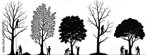 Art & IllustrationTree trimming silhouette, arborist workers, gardening maintenance, tree care, landscaping services, outdoor work, seasonal pruning, nature care, professional tree service