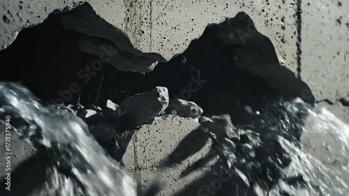 4K Low Angle Shot Broken Dam Concrete Wall Texture with Water Leaking Through Cracks